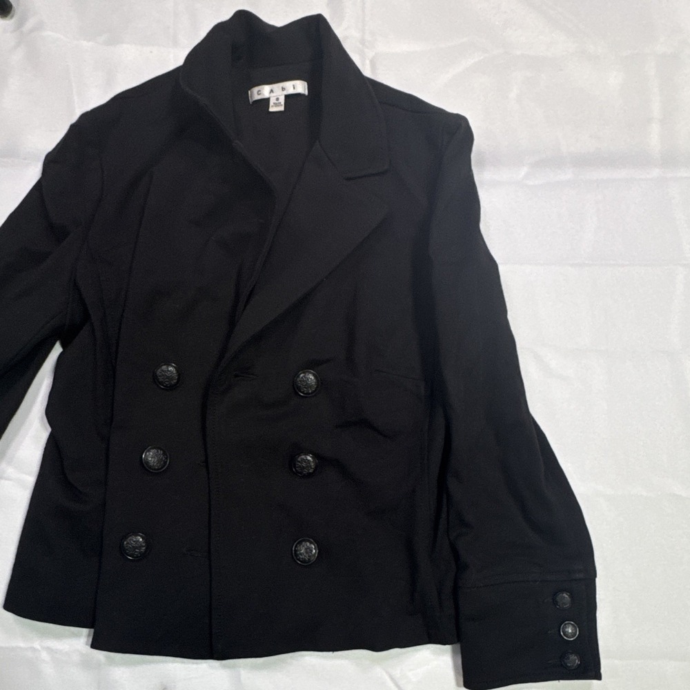 CAbi Black Double Breasted Cropped Peacoat Jacket Women's Small Military Stretch